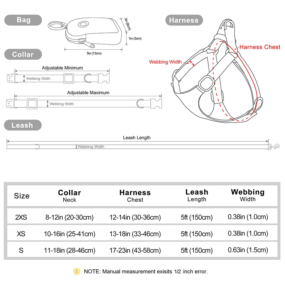 BowTie Charm 4-Piece Walking Set – Soft Vest Harness, Collar, Leash, and Poop Bag Holder