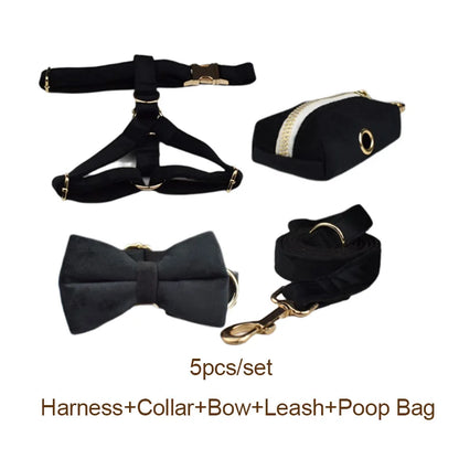 VelvetVogue Royal Black Velvet Collar, Harness & Leash Set – Luxury Custom Engraved Walking Collection with Detachable Bow Tie & Flower