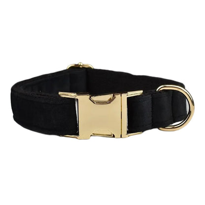 VelvetVogue Royal Black Velvet Collar, Harness & Leash Set – Luxury Custom Engraved Walking Collection with Detachable Bow Tie & Flower