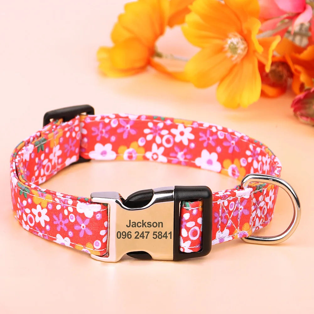 Blossom Charm: Personalized Floral Dog Collar with Engraved ID Tag