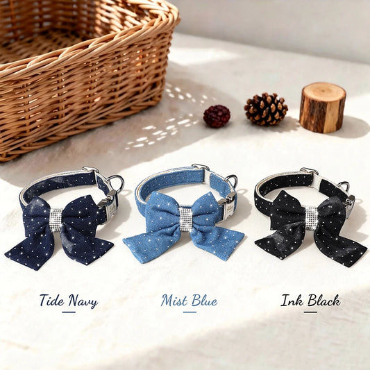 DenimDazzle Personalized Bow Dog Collar - Classic Denim Style with Custom Engraving