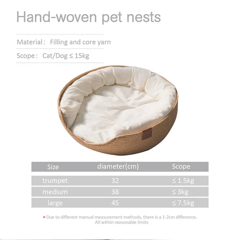BambooBreeze Artisanal 4-Season Pet Bed – Eco-Friendly Hand-Woven Nest with Waterproof Removable Cushion