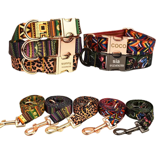 HeritagePaws Ethnic Dog Collar & Leash Set - Custom Engraved for All Breeds