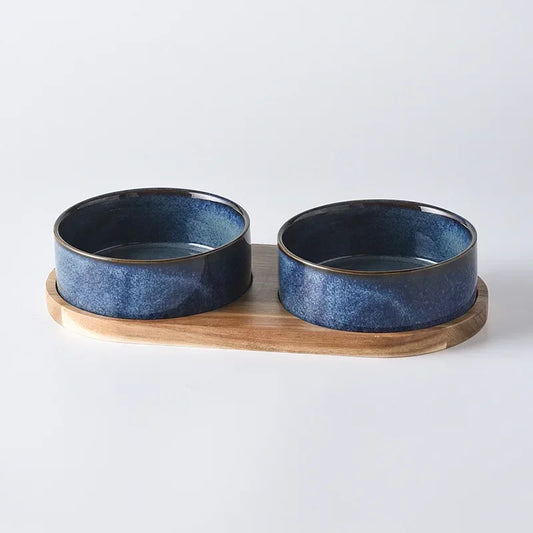 Ceramic Pet Bowl with Wooden Tray - Spine Protection & Rollover Prevention