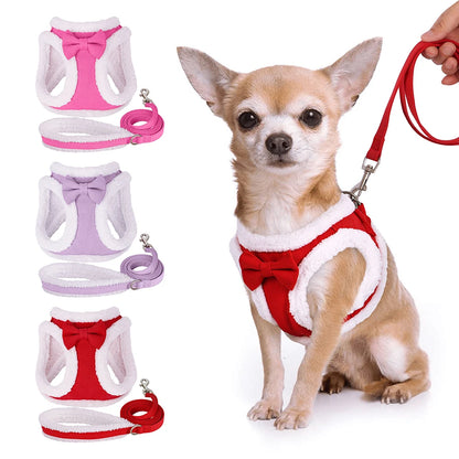 CozyBow Soft Cotton Vest Harness and Leash Set – Warm Winter Walking Set for Small & Medium Pets