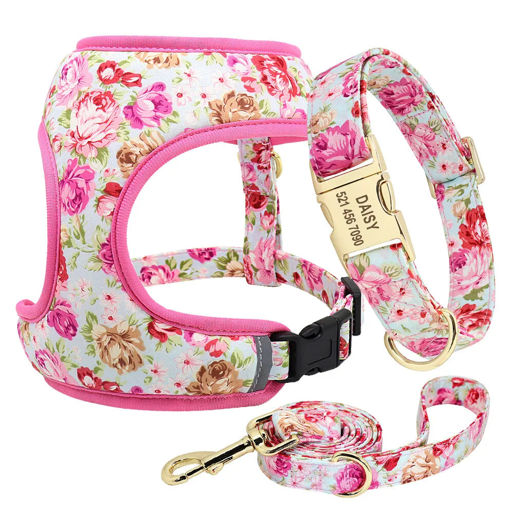 VibrantVibe Floral Mesh Harness, Collar, and Leash Set – Breathable No-Pull Walking Comfort with Engravable ID