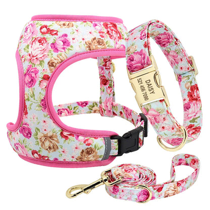 VibrantVibe Floral Mesh Harness, Collar, and Leash Set – Breathable No-Pull Walking Comfort with Engravable ID