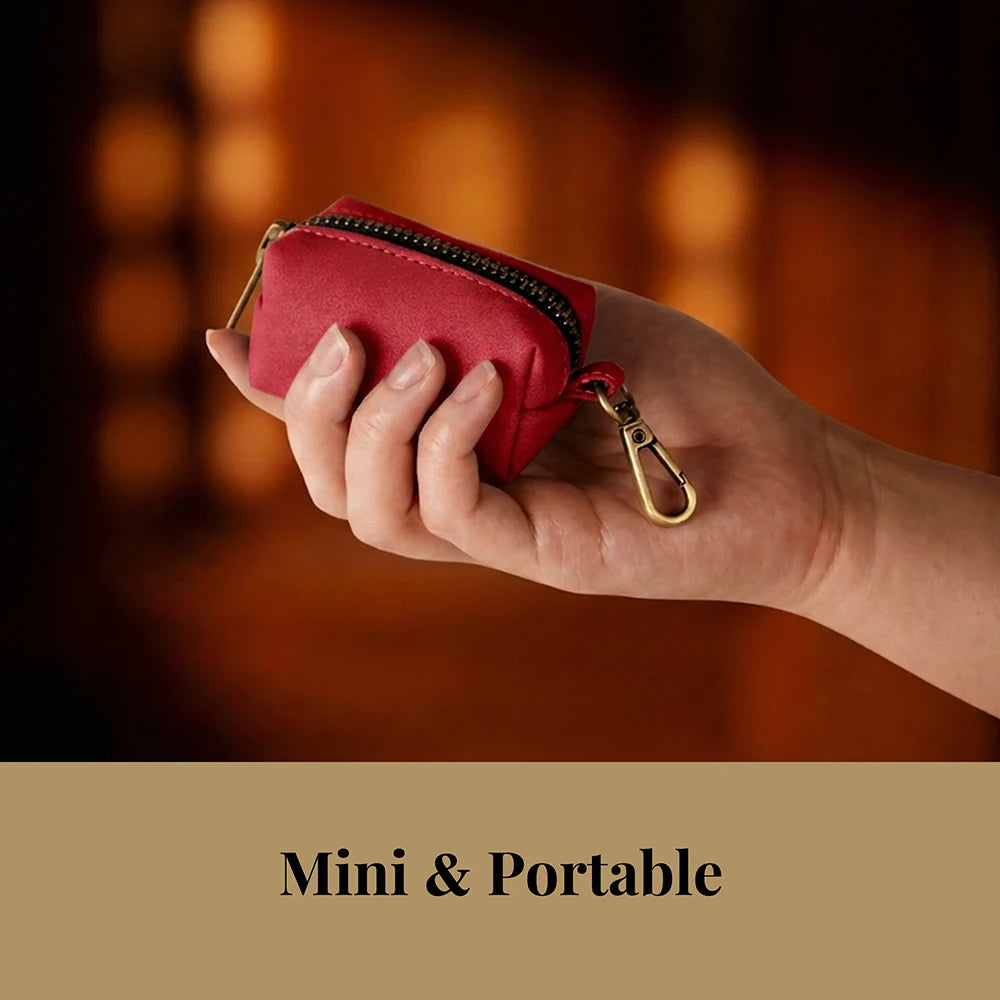 RetroChic Premium Leather Waste Bag Dispenser – Portable Zippered Poo Bag Holder with Leash Clip