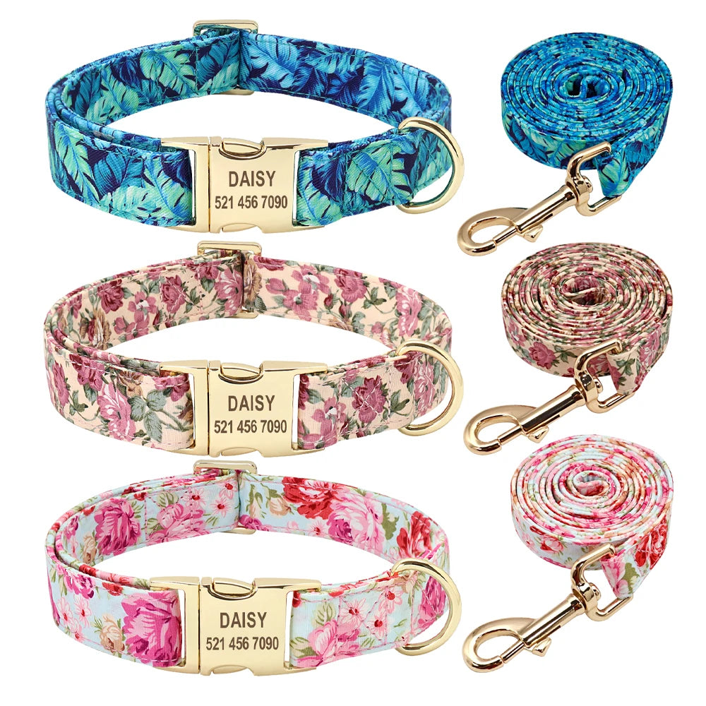 VibrantVibe Floral Mesh Harness, Collar, and Leash Set – Breathable No-Pull Walking Comfort with Engravable ID