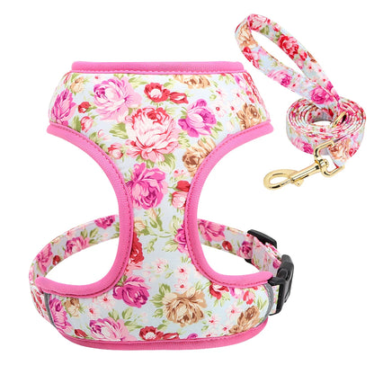 VibrantVibe Floral Mesh Harness, Collar, and Leash Set – Breathable No-Pull Walking Comfort with Engravable ID