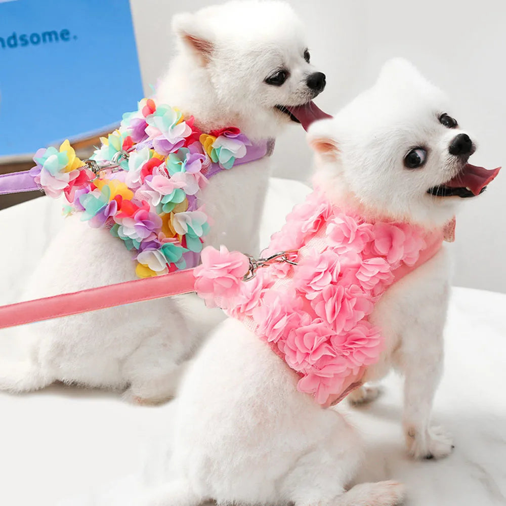 FloraCharm Luxury No-Pull Vest Harness & Leash Set – Breathable Mesh Floral Puppy Safety Vest