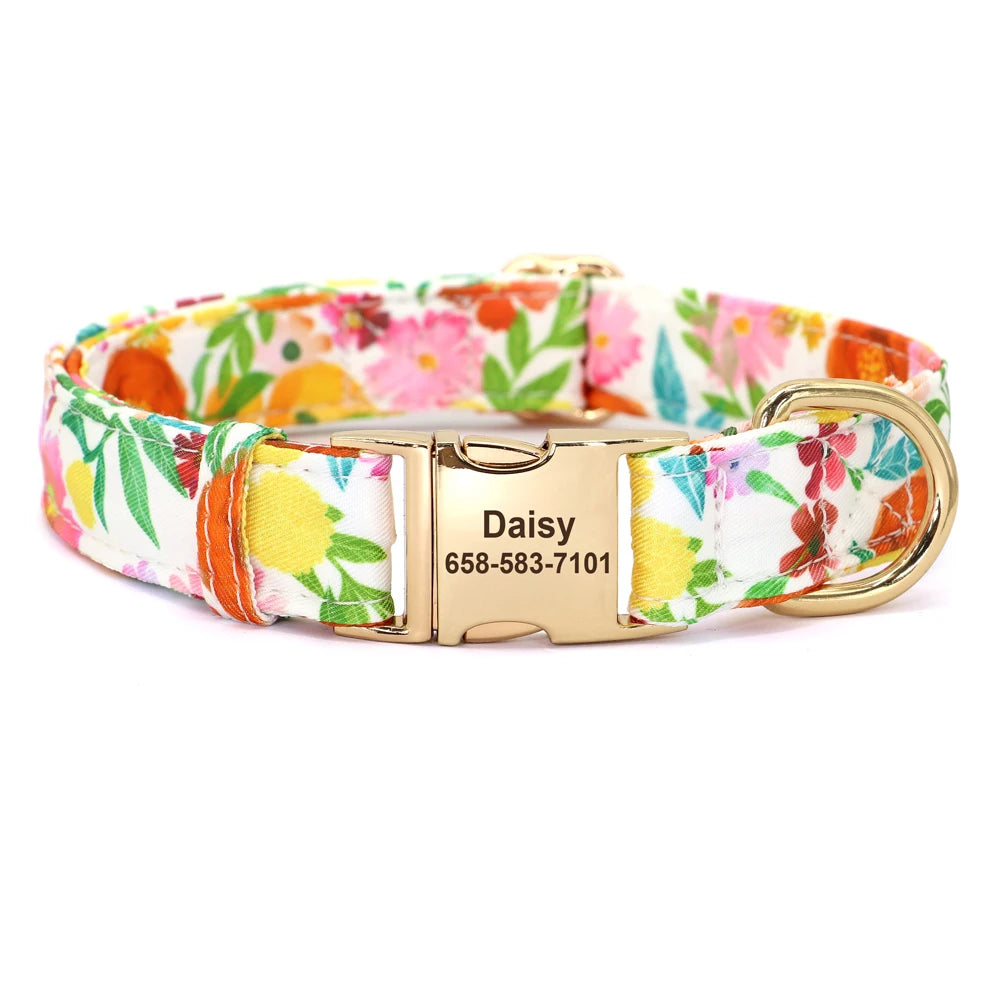 BlossomBuzz Personalized Nylon Dog Collar – Floral & Bee Print with Custom Pet ID