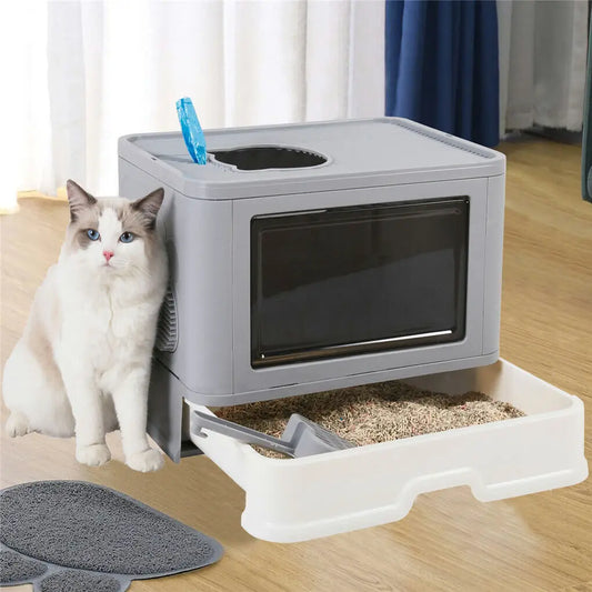 Foldable Cat Litter Box – Enclosed Toilet with Top Exit & Massager