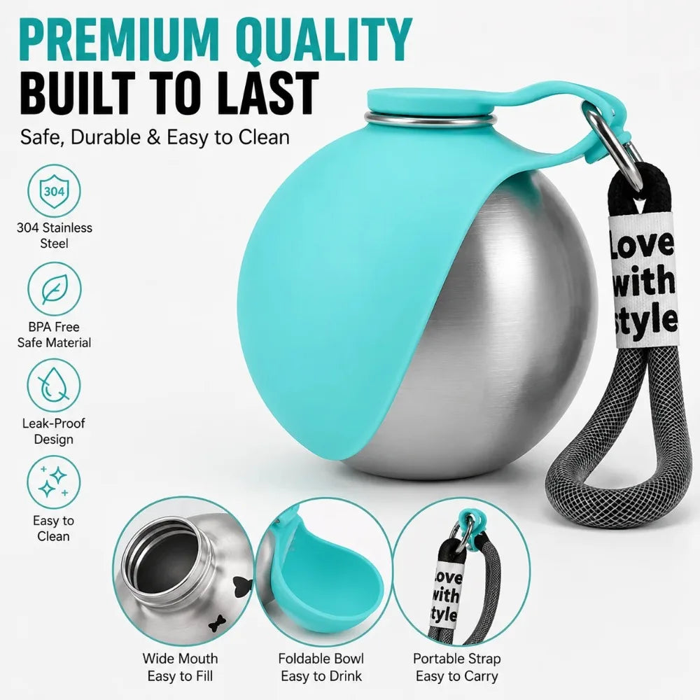 AquaSphere Portable Stainless Steel Pet Travel Bottle – Collapsible Silicone Drinking Bowl for Active Hydration