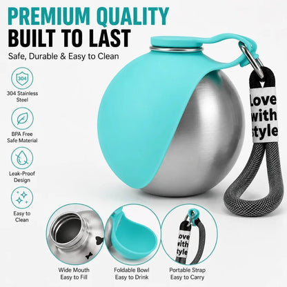 AquaSphere Portable Stainless Steel Pet Travel Bottle – Collapsible Silicone Drinking Bowl for Active Hydration