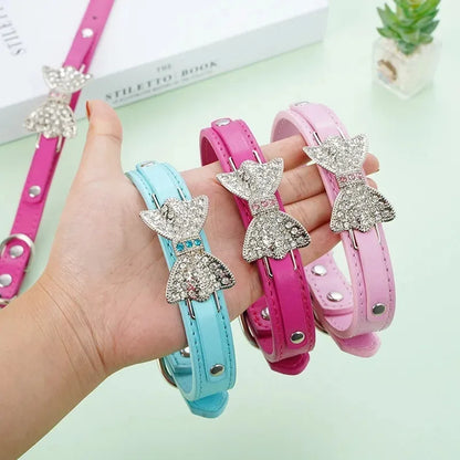 SparkleBow Premium PU Leather Collar – Glamorous Rhinestone Bowknot Accent for Dogs and Cats