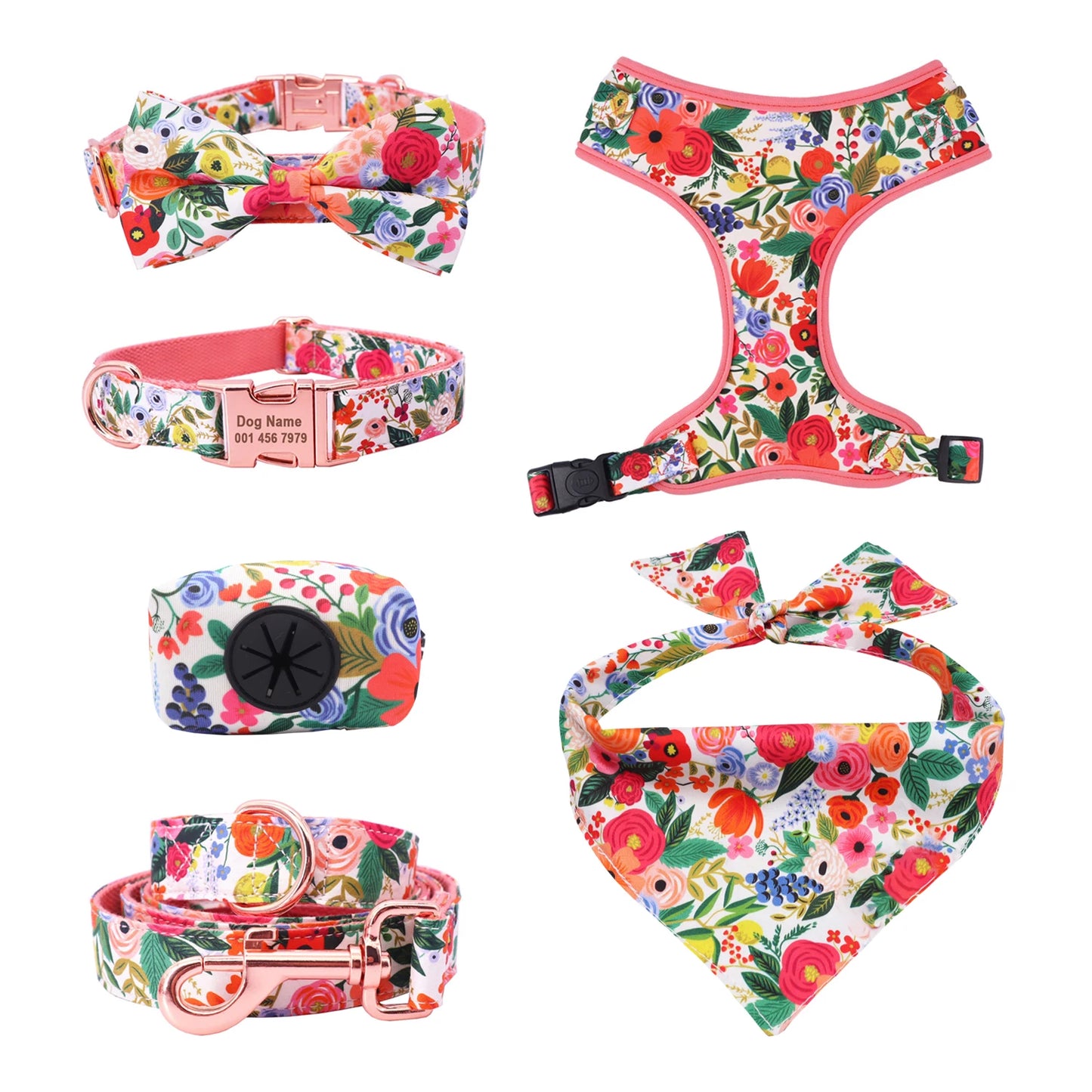 Elegant Floral Dog Harness Set with Personalized Collar & Leash