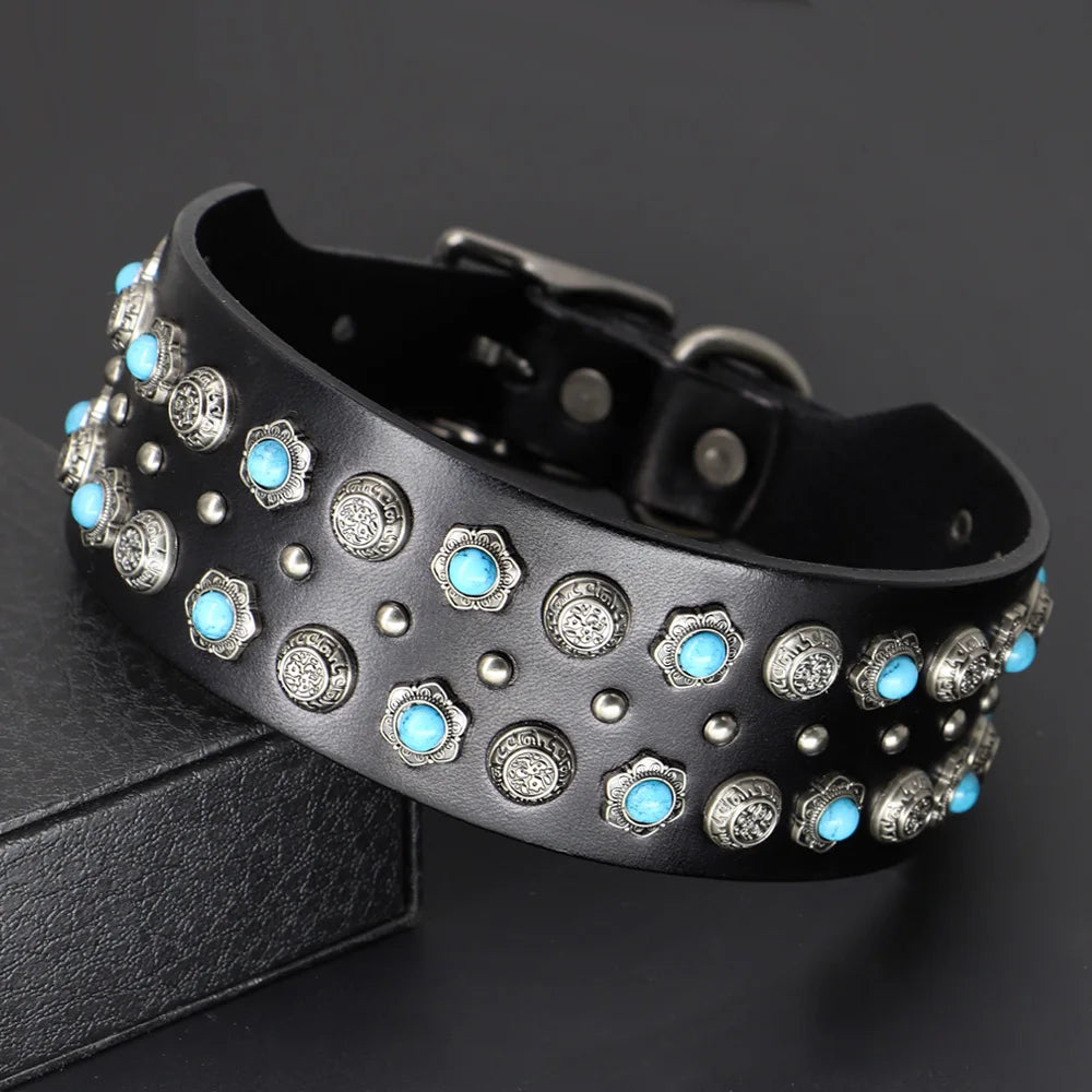 TitanStride Luxury Genuine Leather Dog Collar – Heavy-Duty Metal Rivet Neck Protection for Medium and Large Breeds
