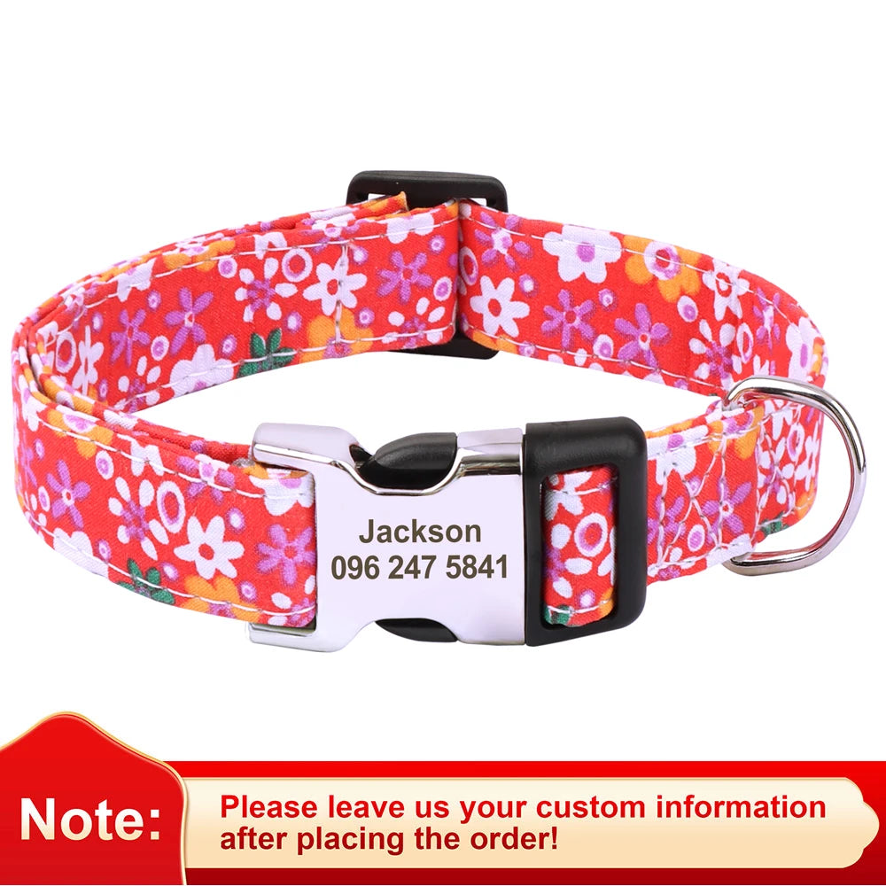 Blossom Charm: Personalized Floral Dog Collar with Engraved ID Tag