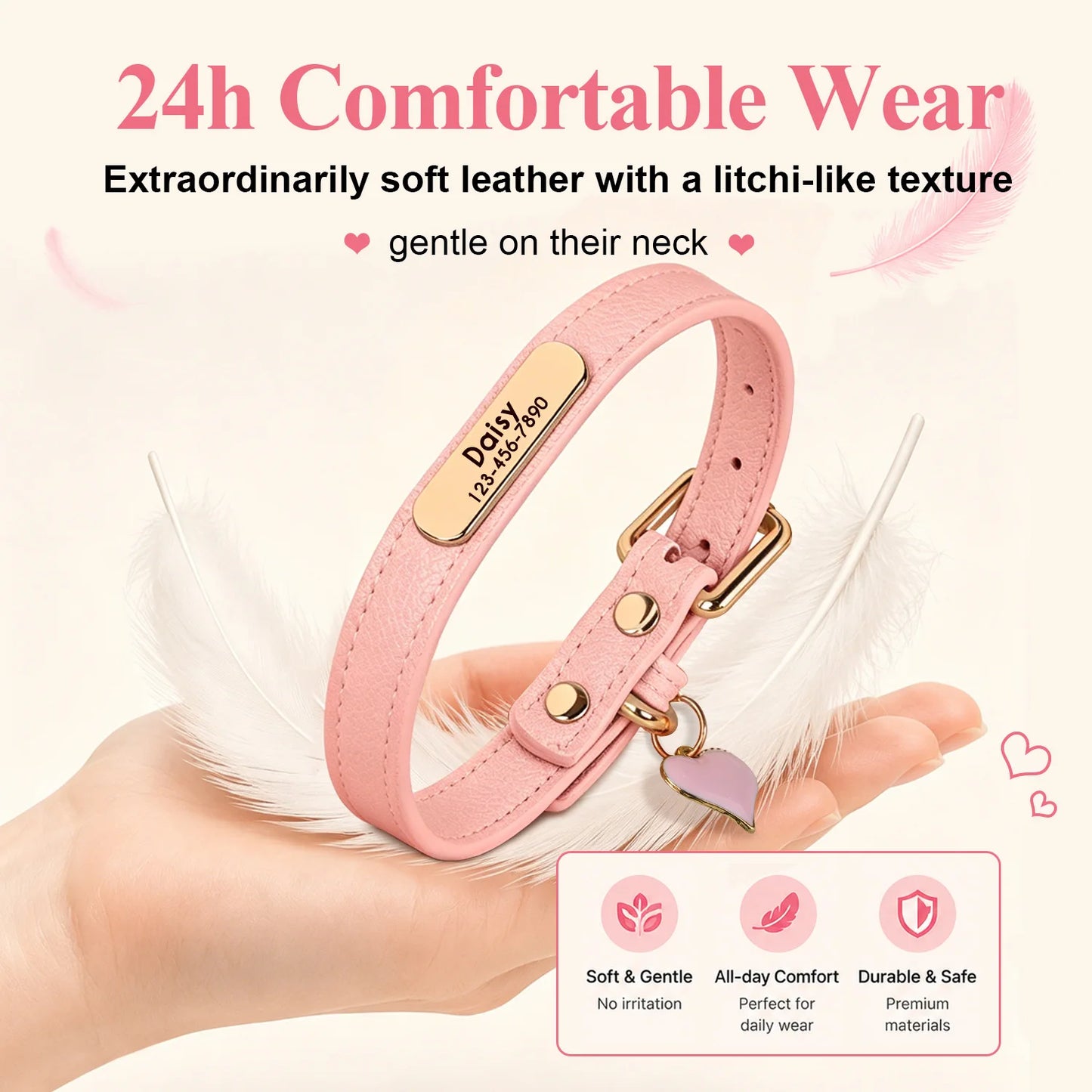 SoftGlow Custom PU Leather Collar – Gentle Comfort with Engraved Name Tag