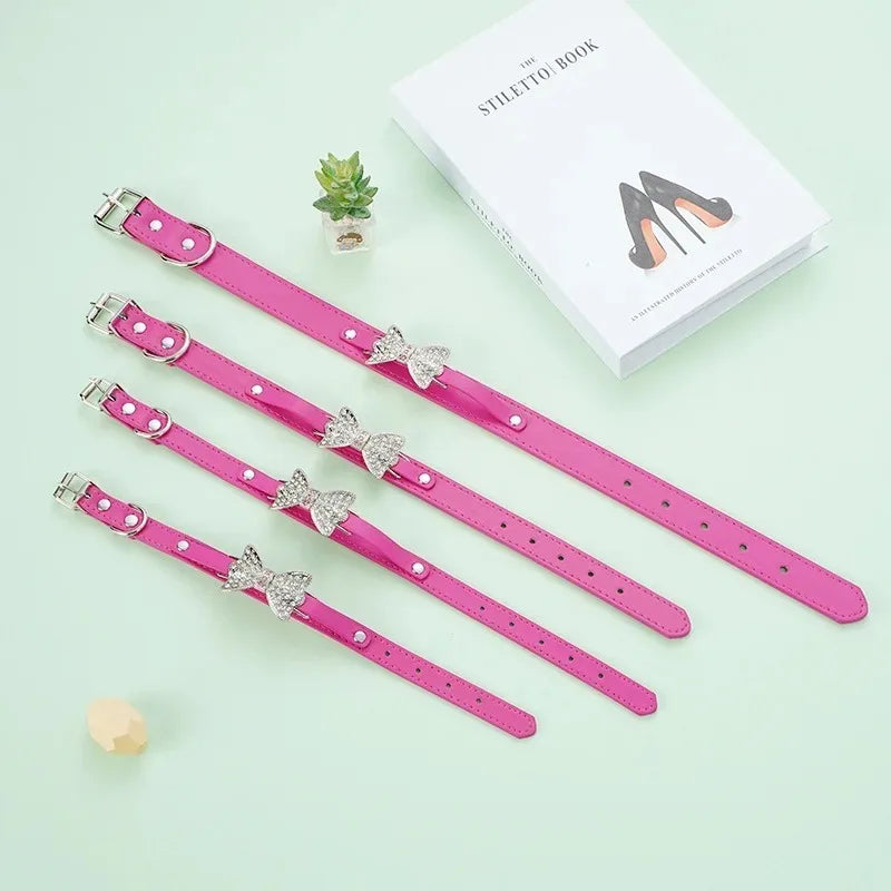 SparkleBow Premium PU Leather Collar – Glamorous Rhinestone Bowknot Accent for Dogs and Cats