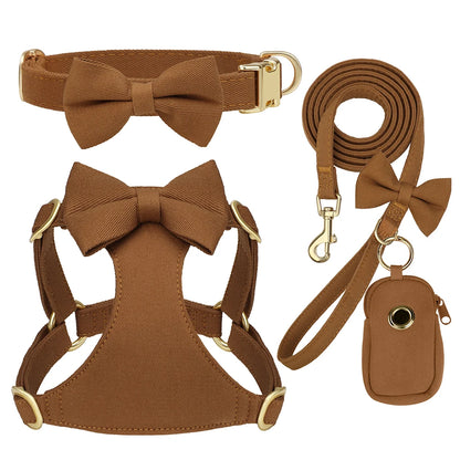 BowTie Charm 4-Piece Walking Set – Soft Vest Harness, Collar, Leash, and Poop Bag Holder
