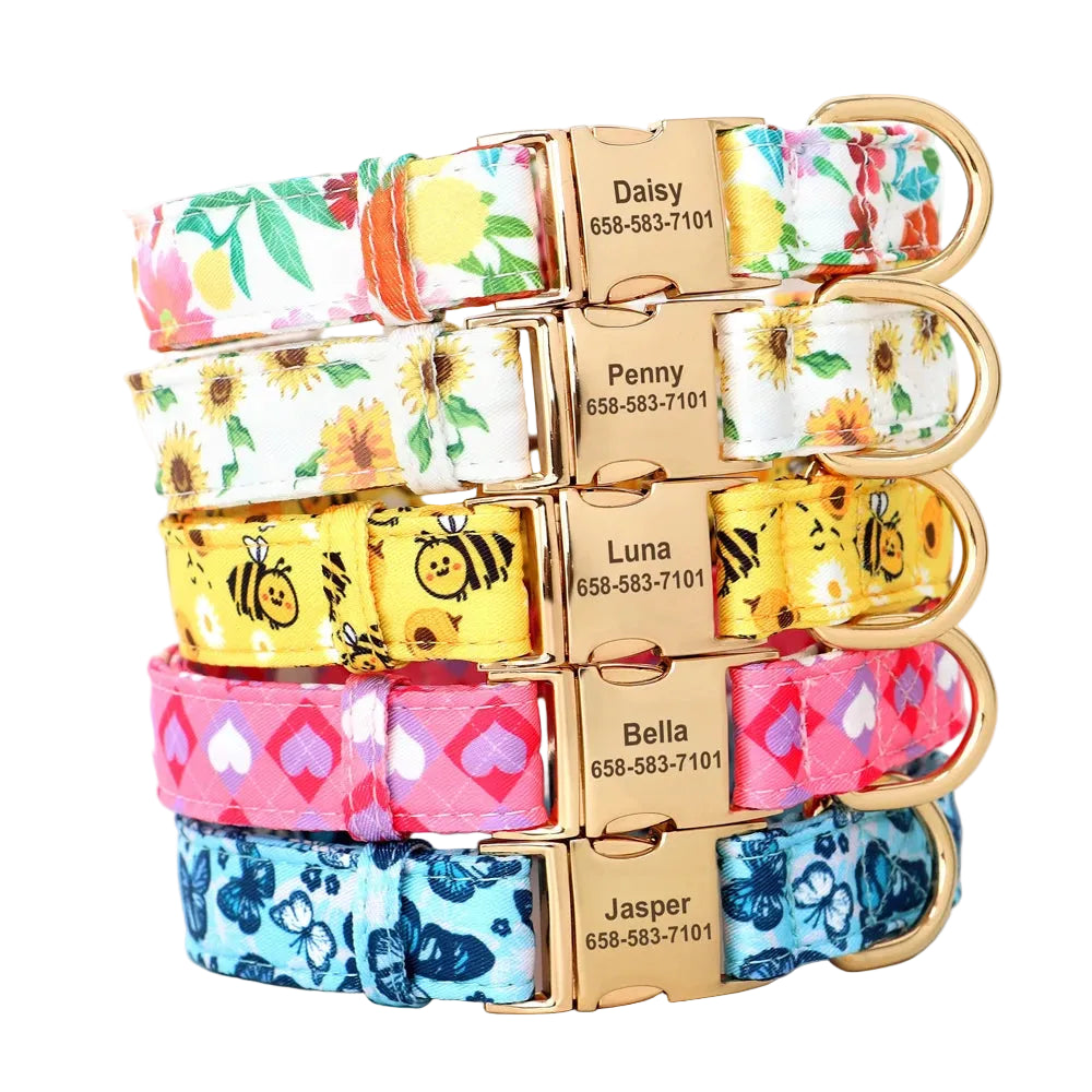 BlossomBuzz Personalized Nylon Dog Collar – Floral & Bee Print with Custom Pet ID