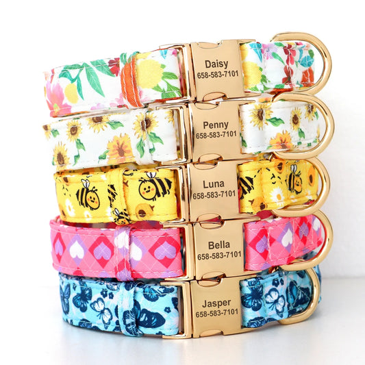 BlossomBuzz Personalized Nylon Dog Collar – Floral & Bee Print with Custom Pet ID