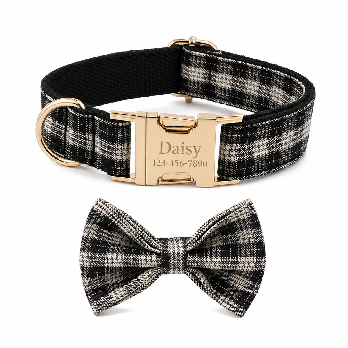 PlaidPaws Personalized Bow Tie Collar Set – Vintage Charm with Custom Engraved Gold Hardware