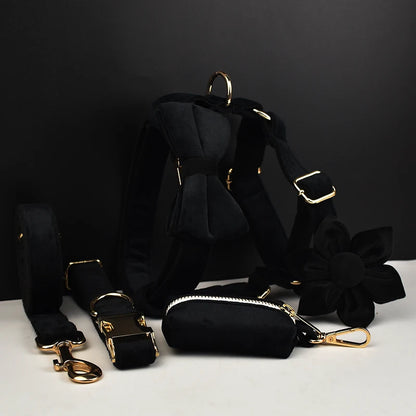 VelvetVogue Royal Black Velvet Collar, Harness & Leash Set – Luxury Custom Engraved Walking Collection with Detachable Bow Tie & Flower