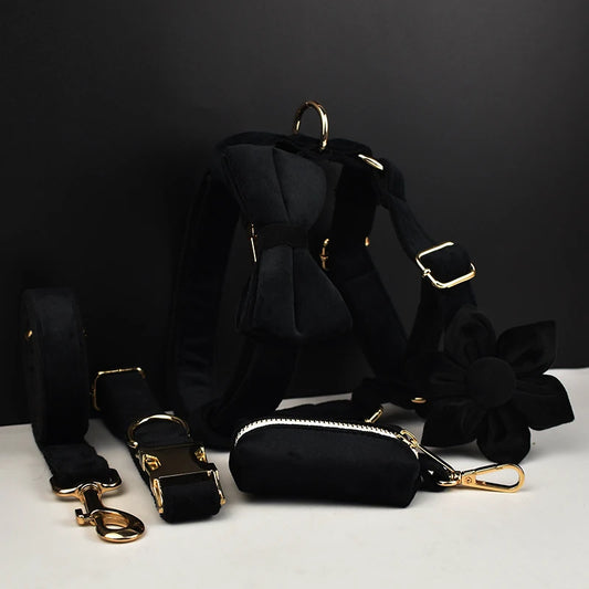 VelvetVogue Royal Black Velvet Collar, Harness & Leash Set – Luxury Custom Engraved Walking Collection with Detachable Bow Tie & Flower