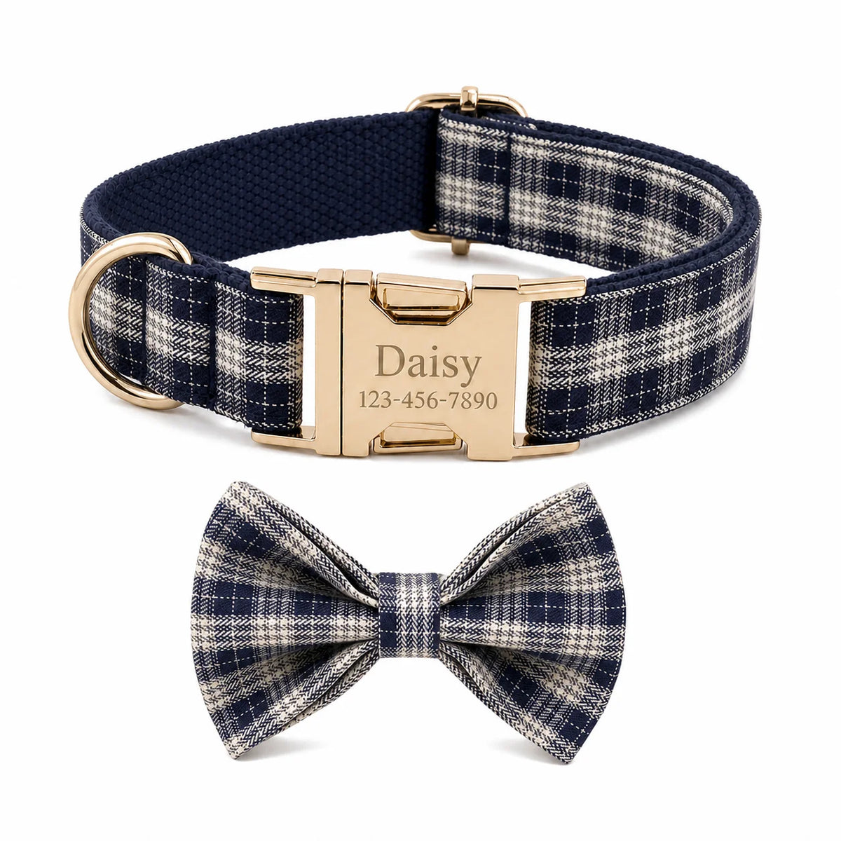 PlaidPaws Personalized Bow Tie Collar Set – Vintage Charm with Custom Engraved Gold Hardware