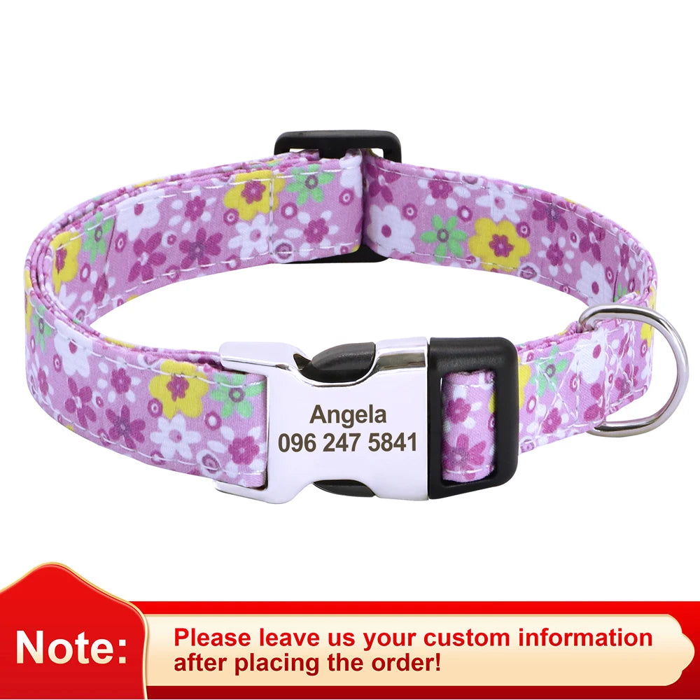 Blossom Charm: Personalized Floral Dog Collar with Engraved ID Tag