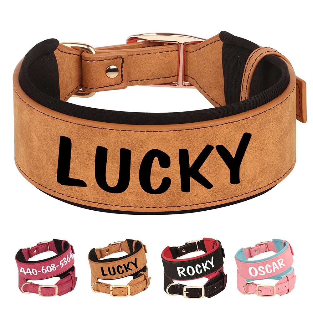 TitanTough Personalized Wide Leather Dog Collar – Premium Padded Heavy-Duty ID Protection for Medium & Large Breeds