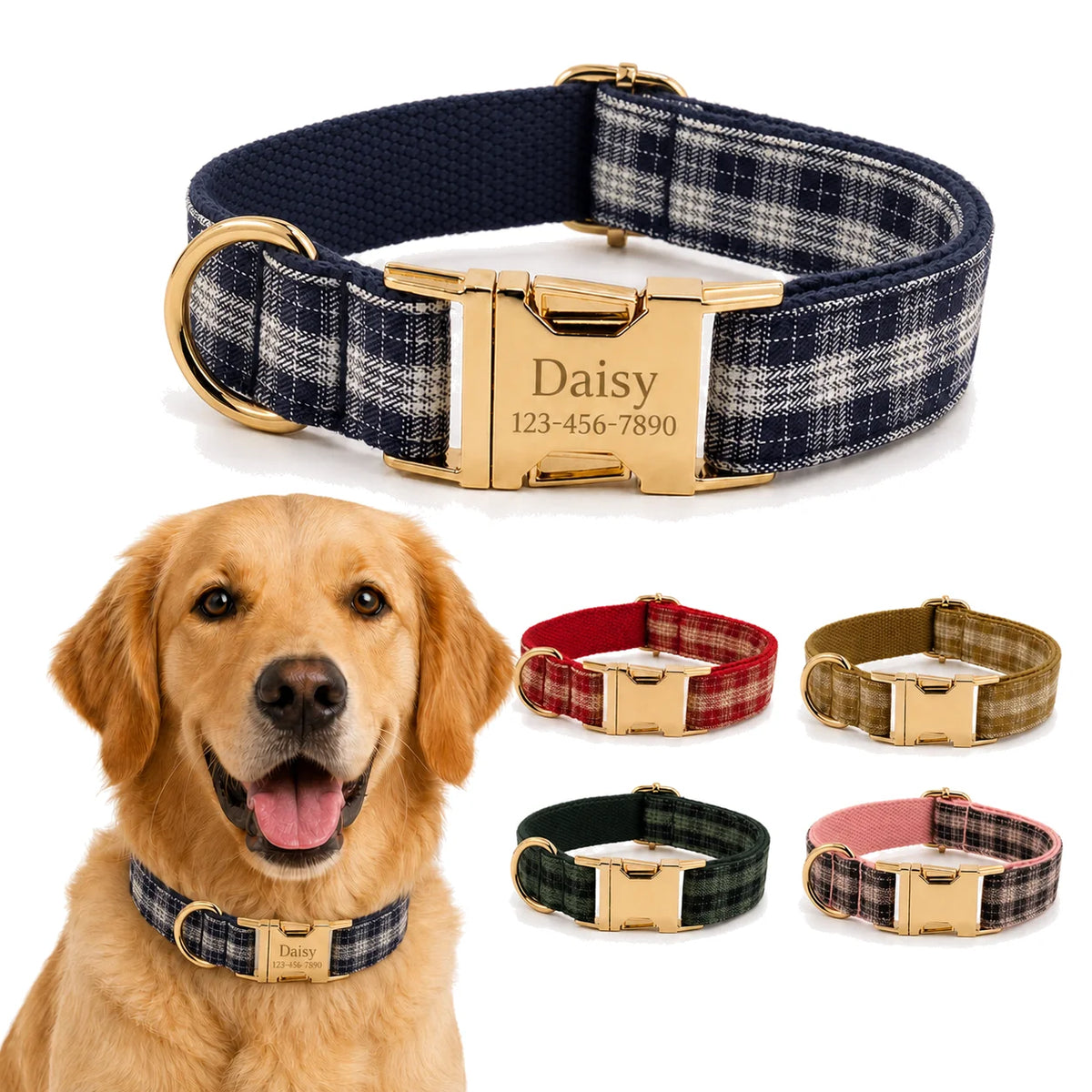 PlaidPaws Personalized Bow Tie Collar Set – Vintage Charm with Custom Engraved Gold Hardware