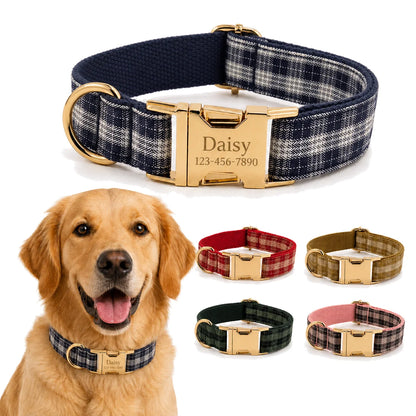 PlaidPaws Personalized Bow Tie Collar Set – Vintage Charm with Custom Engraved Gold Hardware