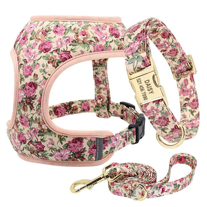 VibrantVibe Floral Mesh Harness, Collar, and Leash Set – Breathable No-Pull Walking Comfort with Engravable ID