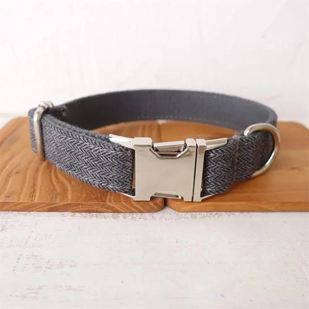 Personalized Plaid Dog Collar & Leash Set with Engraved ID Tag - Style Meets Safety