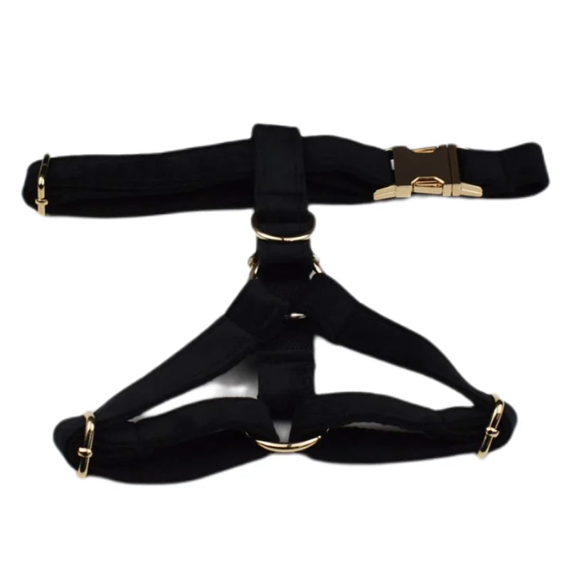VelvetVogue Royal Black Velvet Collar, Harness & Leash Set – Luxury Custom Engraved Walking Collection with Detachable Bow Tie & Flower