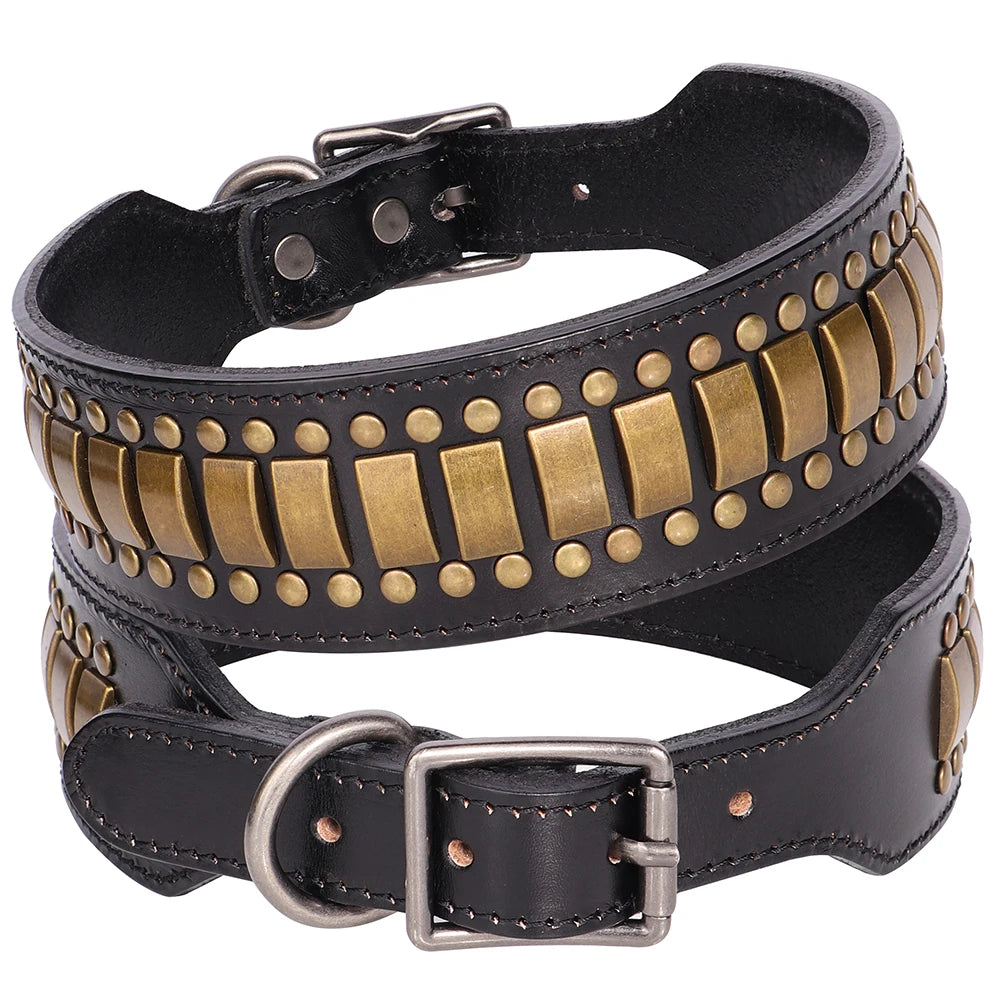 TitanStride Luxury Genuine Leather Dog Collar – Heavy-Duty Metal Rivet Neck Protection for Medium and Large Breeds