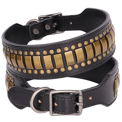 TitanStride Luxury Genuine Leather Dog Collar – Heavy-Duty Metal Rivet Neck Protection for Medium and Large Breeds