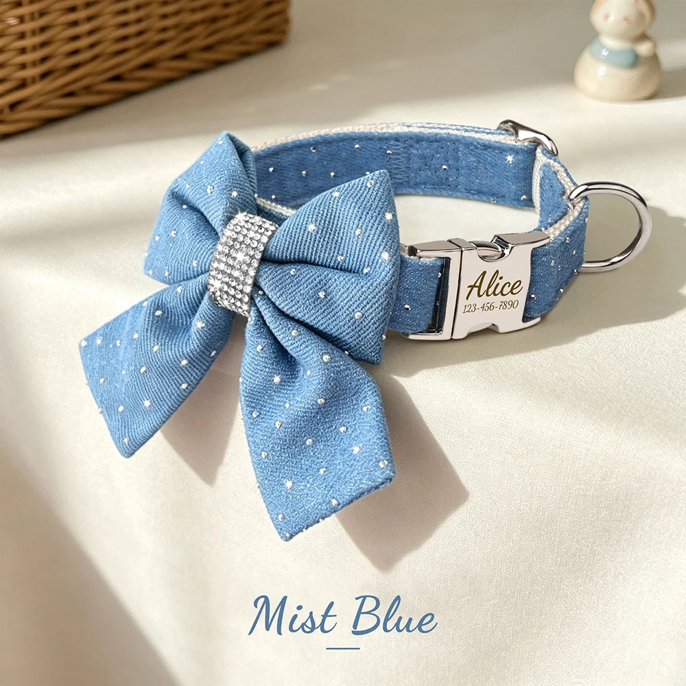 DenimDazzle Personalized Bow Dog Collar - Classic Denim Style with Custom Engraving