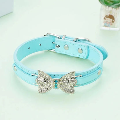 SparkleBow Premium PU Leather Collar – Glamorous Rhinestone Bowknot Accent for Dogs and Cats