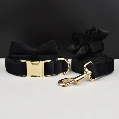 VelvetVogue Royal Black Velvet Collar, Harness & Leash Set – Luxury Custom Engraved Walking Collection with Detachable Bow Tie & Flower
