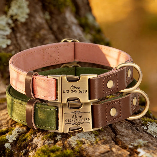 RetroChic Custom Engraved Leather Dog Collar – Personalized Vintage Style for All Breeds