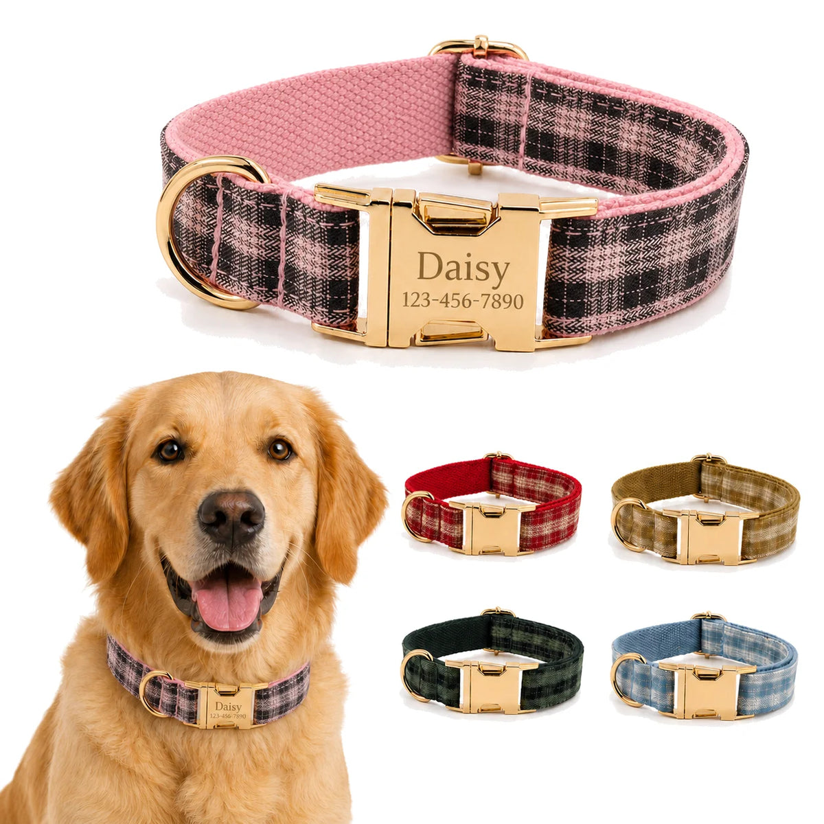 PlaidPaws Personalized Bow Tie Collar Set – Vintage Charm with Custom Engraved Gold Hardware