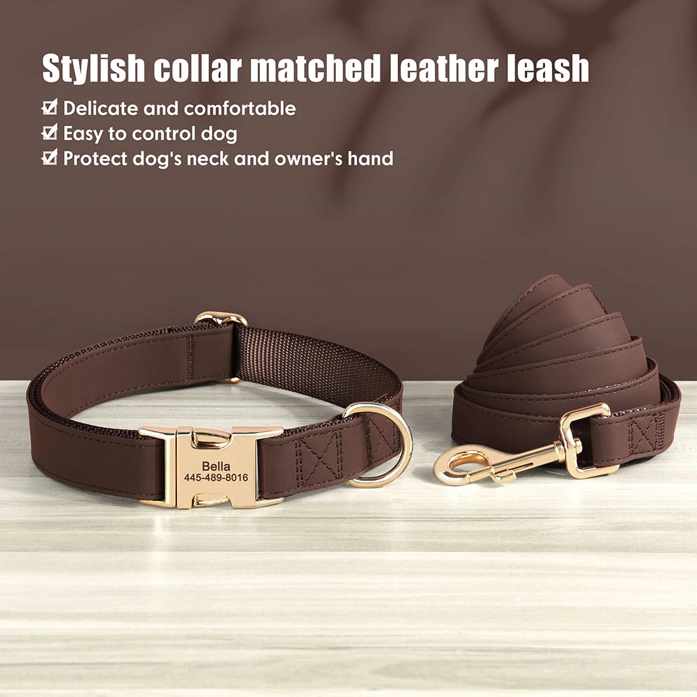 Personalized PU Leather Dog Collar & Leash Set - Durable Elegance for Every Pup