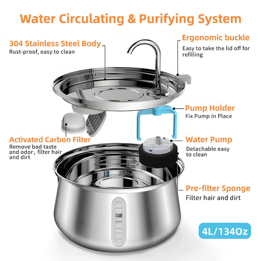 4L Stainless Steel Cat Drinking Fountain – Ultra-Quiet Hydration for Multiple Pets