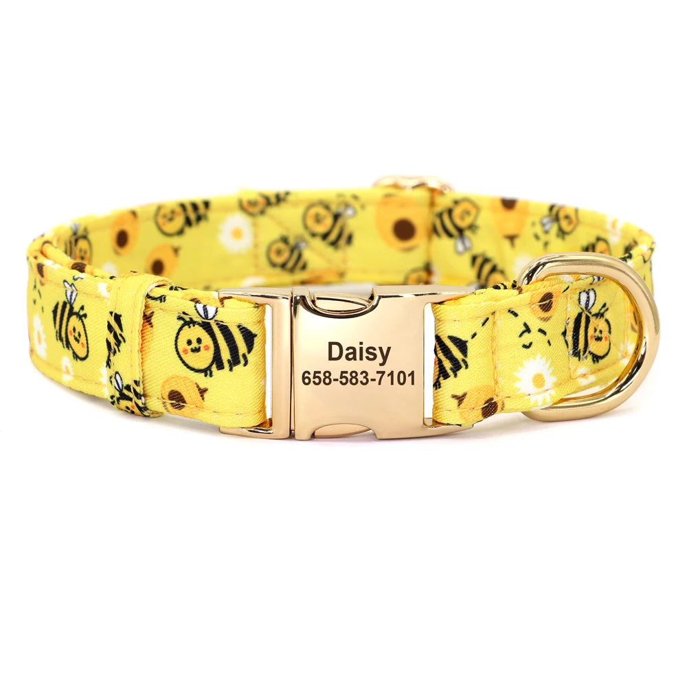 BlossomBuzz Personalized Nylon Dog Collar – Floral & Bee Print with Custom Pet ID