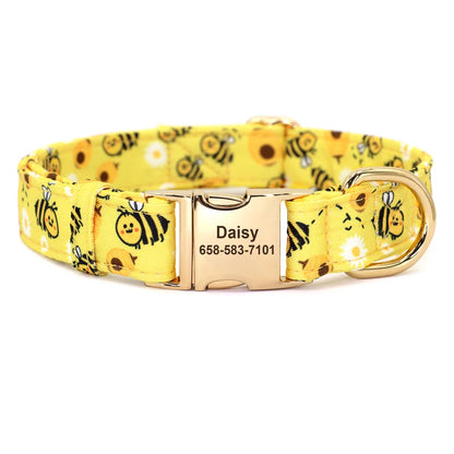BlossomBuzz Personalized Nylon Dog Collar – Floral & Bee Print with Custom Pet ID